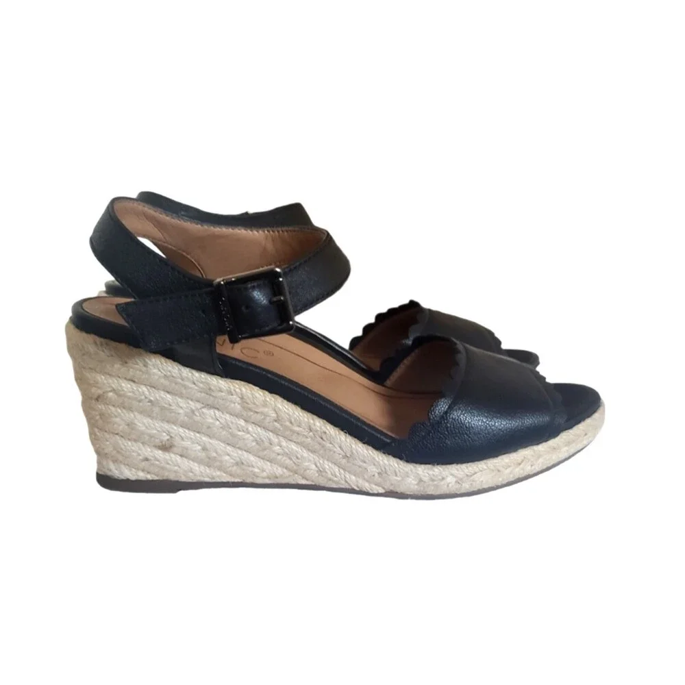 Vionic Stephany Black Leather Espadrille Wedges Women's Size 5